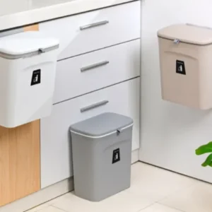 Kitchen Cabinet Door Hanging Trash Can with Lid, 2.4 Gal, Small Under Sink Garbage Can for Restroom, Bathroom, RV Kitchen Trash Bin, Wall Mounted Counter Waste Compost Bin, Plastic (White/Grey) - Knapdirect