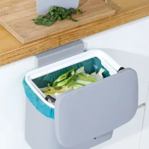 Kitchen Cabinet Door Hanging Trash Can with Lid, 2.4 Gal, Small Under Sink Garbage Can for Restroom, Bathroom, RV Kitchen Trash Bin, Wall Mounted Counter Waste Compost Bin, Plastic (White/Grey) - Image 2